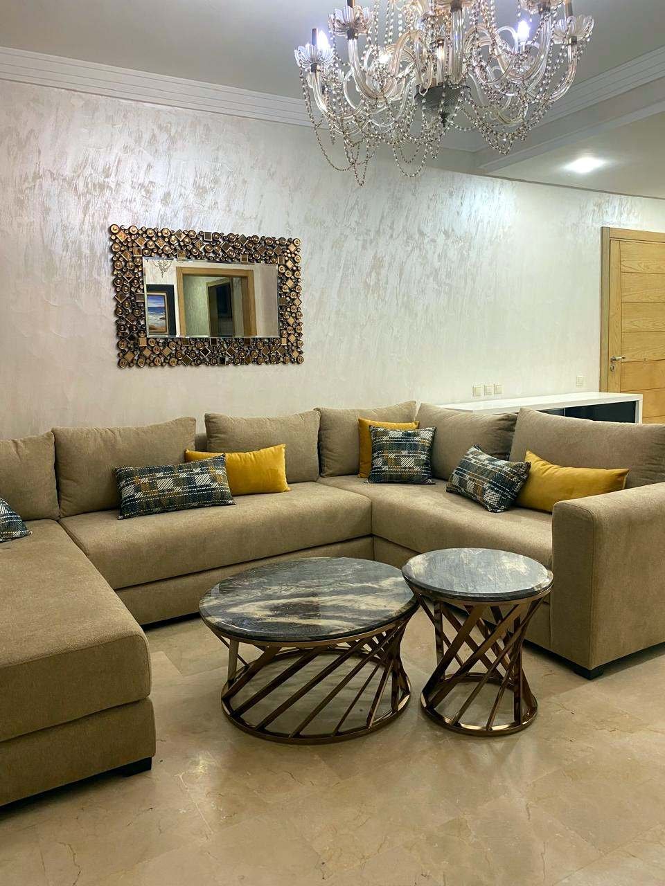 2-bedroom apartment, beige living room and bar